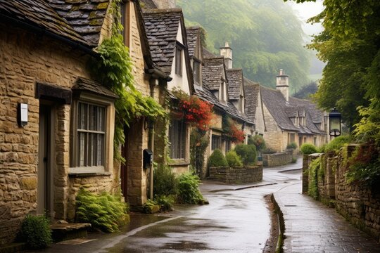 Stone cottages lining a wet road in the picturesque cotswolds village of bibury