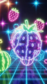 Abstract Retro Neon Fruit Motion Graphic - A vibrant and dynamic motion graphic featuring neon outlines of fruits like strawberries and watermelon slices, interspersed with geometric shapes.