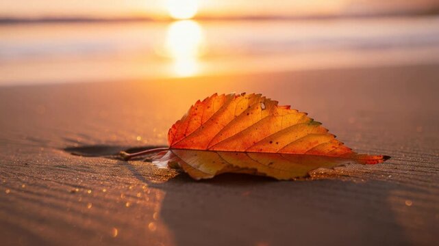 Autumn leaf on sandy beach with golden sunset light and peaceful ocean background