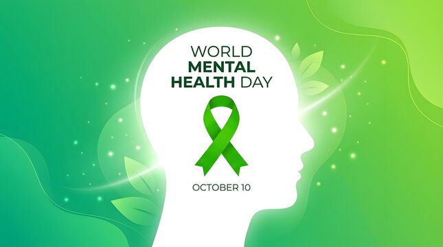 World Mental Health Day concept with green ribbon and human head silhouette illustration