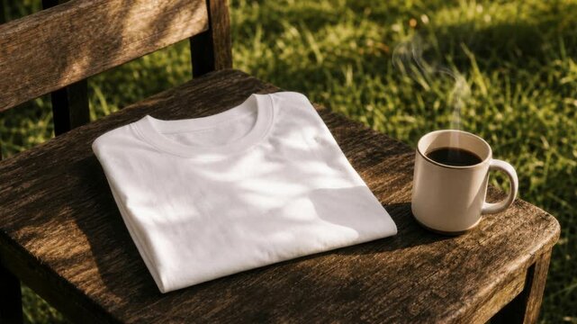 Folded white t-shirt and steaming coffee cup on rustic wooden chair in natural outdoor setting