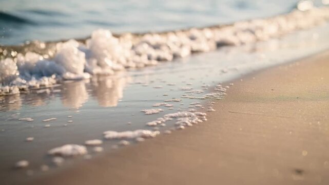 Close up of gentle ocean waves and foam washing over sandy beach on a sunny day