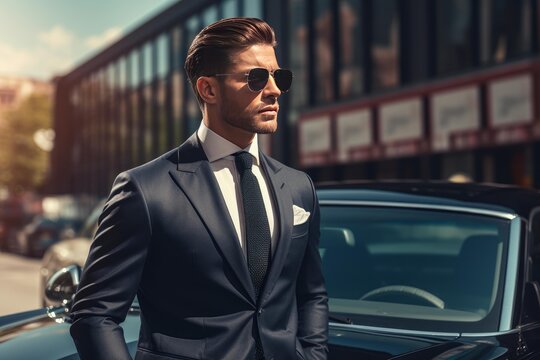 Stylish man dressed in a dark suit standing next to a classic convertible in the city