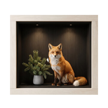 A cute red fox sitting next to a small green plant inside a modern wooden display shelf box isolated on transparent background