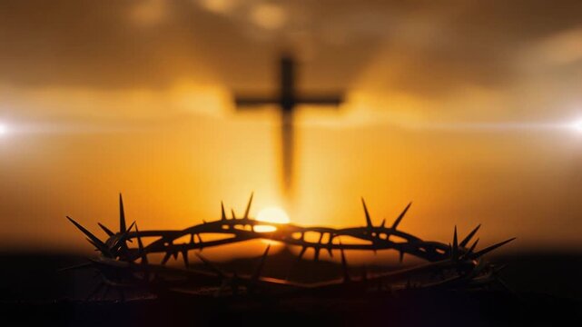 Crown of thorns with cross silhouette at sunset symbolizing faith and sacrifice