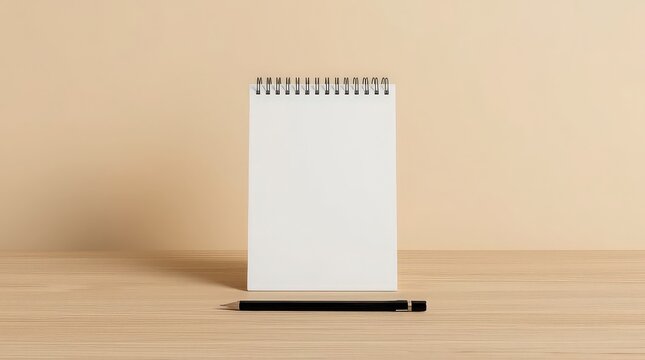 Sketchbook mockup presenting a blank vertical spiral notebook standing upright with a dark pencil lying on a warm wooden surface in front of a plain background.
