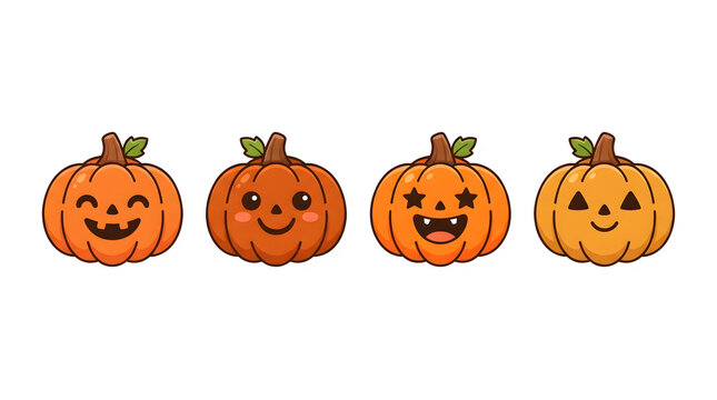 Set of four cute pixel art pumpkins with different happy facial expressions isolated on a plain white background for halloween design