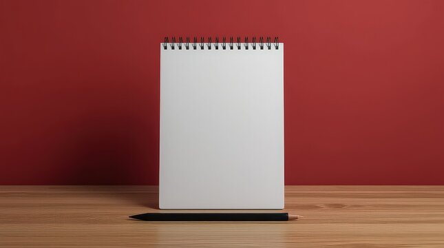 Spiral notebook with a top binding sits on a wooden surface with a pencil beneath it against a red background.