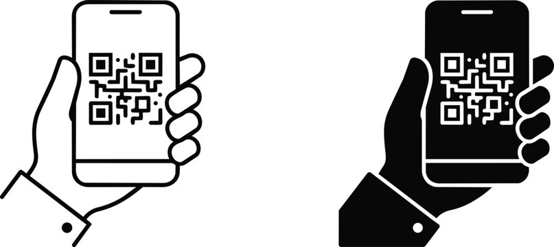 Set of hands holding a smartphone displaying a qr code vector illustration with qr code mobile phone hand gesture scanning code digital device