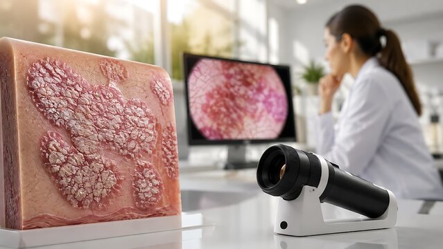 Dermatologist examining detailed skin tissue pathology with advanced imaging