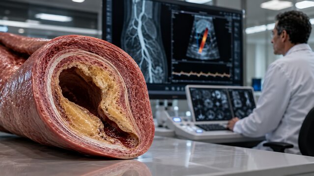 Atherosclerosis showing severe plaque buildup inside a human artery
