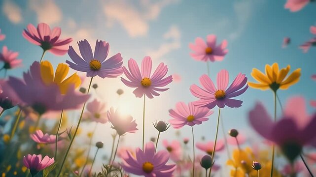 A field of vibrant cosmos flowers blooms against a soft blue sky.