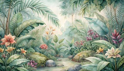 Obraz premium Lush Tropical Jungle with Exotic Flowers and Foliage