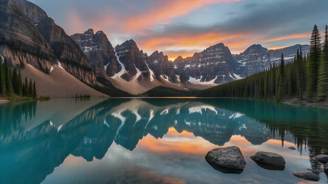 Moraine Lake reflects snow-capped mountains at sunset.