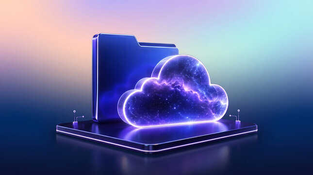 Cloud computing storage icon, glowing digital folder on platform, neon purple data server concept for network hosting