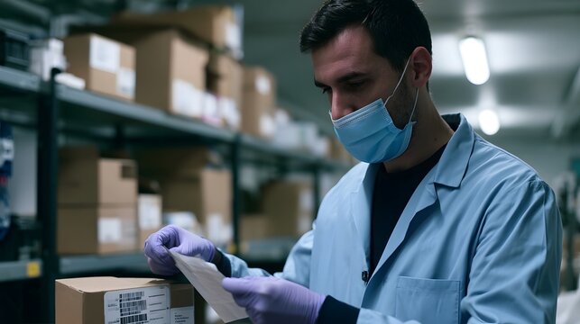 A man in a lab coat and face mask examines a document while standing beside a cardboard box in a warehouse with shelves of boxes in the background