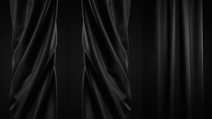 Fototapeta premium Abstract black fabric drapes with soft folds and smooth texture on a dark background