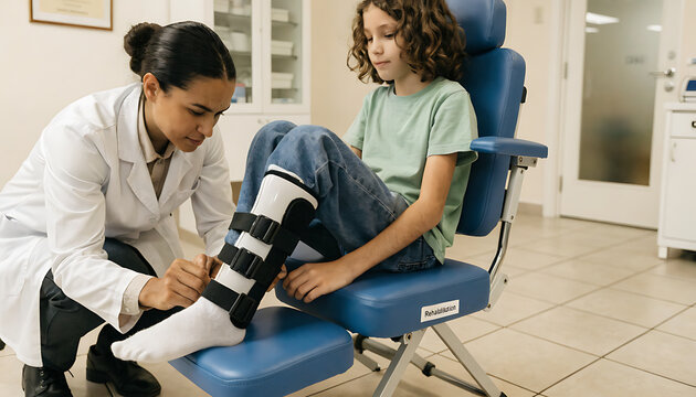 Medical professional fitting an ankle foot orthosis (afo) on a child's leg for rehabilitation, providing supportive physical therapy and improving mobility in a pediatric healthcare clinic.