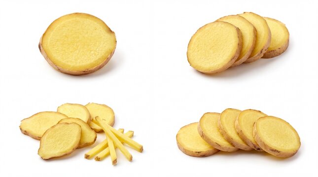 Fresh ginger root slices and strips on a flat surface