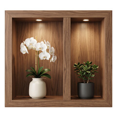 Fototapeta na wymiar White orchid and green plant in pots on wooden shelf with warm interior lighting isolated on transparent background
