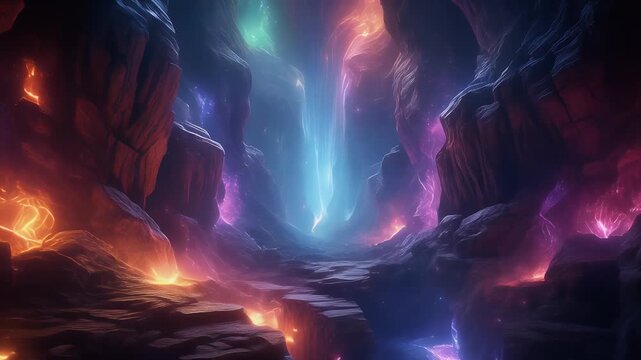 A mysterious cavern illuminated by ethereal, swirling nebulae and glowing magical energy.