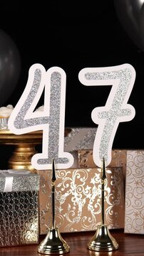 Silver Number 47 with Silver Glitter Sparkles with Gifts and Balloons and Cupcakes for Party Forty Seven