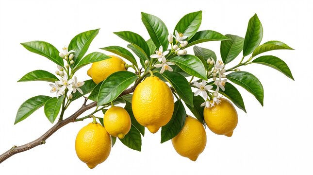 Fresh yellow lemons on a green branch with white flowers