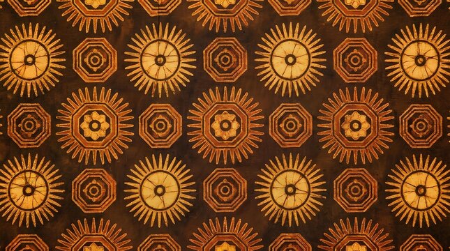 Repeating circular floral mandala batik pattern in warm tones.