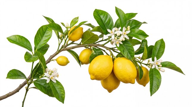 Fresh yellow lemons with green leaves and white flowers