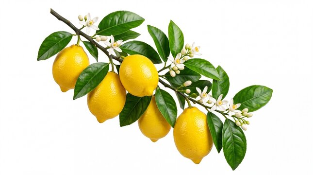 Fresh yellow lemons on a green branch with white flowers