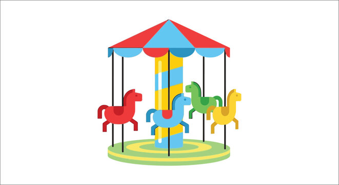 A colorful carousel with four horses is depicted in a flat vector illustration against a white background