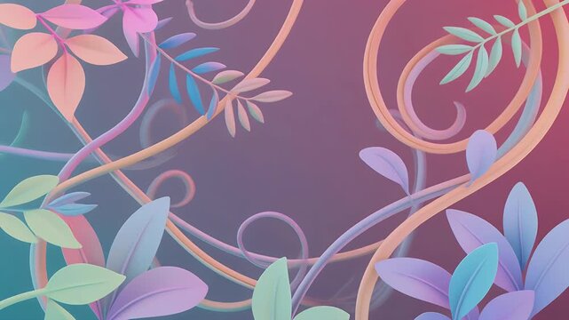 A pastel-colored abstract background with swirling vines and leaves.
