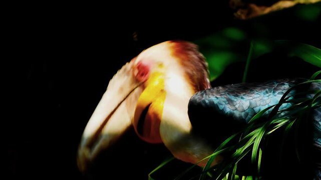 A breathtaking cinematic medium close-up macro portrait capturing the intricate feather details and striking vibrant yellow gular pouch of a wreathed hornbill bathed in dappled jungle light.