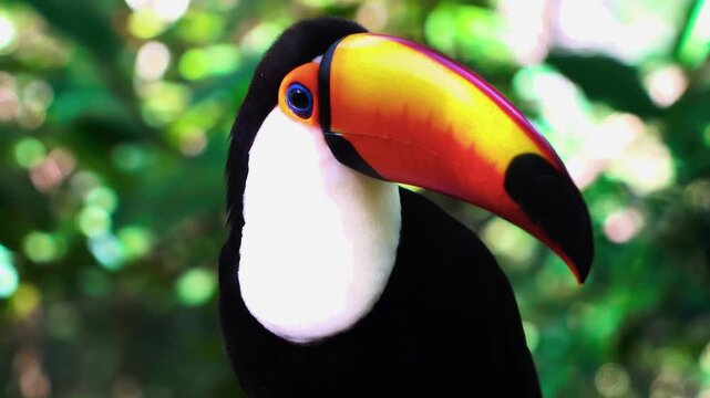 A breathtaking cinematic medium close-up frontal portrait capturing a wild toco toucan gracefully turning its head, showcasing its massive vibrant orange bill against a lush green out-of-focus jungle
