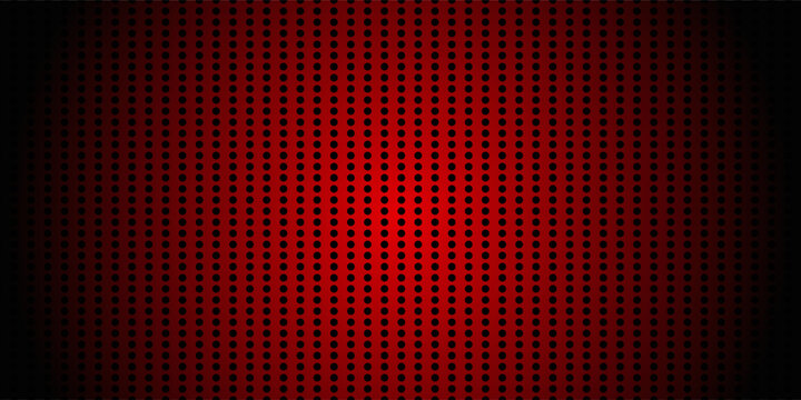 Red perforated grill texture. 3d circle grid seamless pattern. Dotted hole metal sheet surface. Professional microphone speaker structure background. Black iron geometric wall. Dark red metallic plate