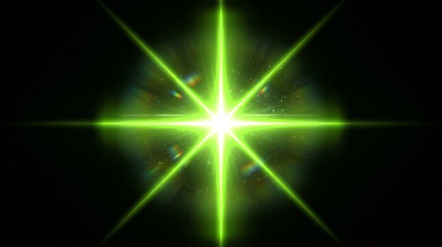 Bright green star light flare on dark background