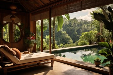 Fototapeta premium Relaxing resort villa featuring an infinity pool with expansive jungle views