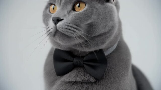 A sophisticated British Shorthair cat wears a black bowtie.