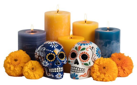 Colorful sugar skulls and candles with marigold flowers for the day of the dead celebration