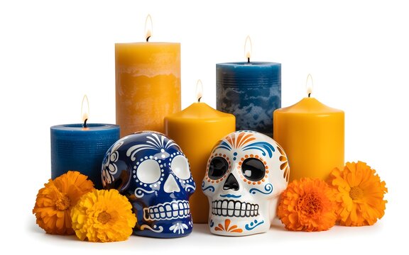Day of the dead sugar skulls with colorful candles and marigold flowers on white background