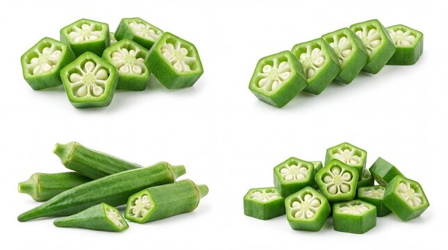 Fresh sliced and whole green okra vegetable set