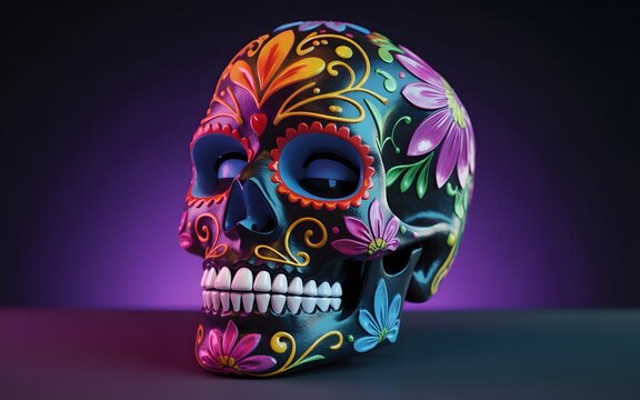 Decorative sugar skull with colorful flower ornaments on a dark purple gradient background
