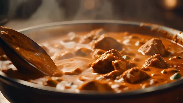 A steaming pot of delicious chicken tikka masala is being stirred with a wooden spoon.