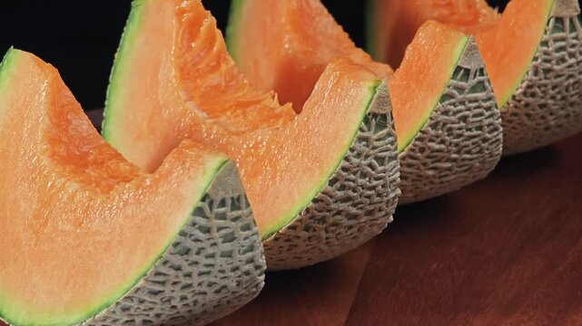 Sliced melon on black background. Zoom in.