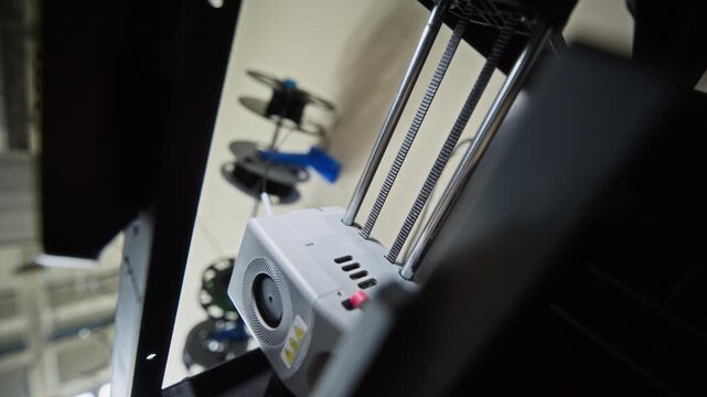 3D printer head moving rapidly along metal rails during additive manufacturing process. Footage is ideal for videos on robotics engineering, rapid prototyping, and advanced technology education