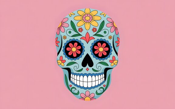 Traditional mexican sugar skull with floral patterns on a light pink background calavera