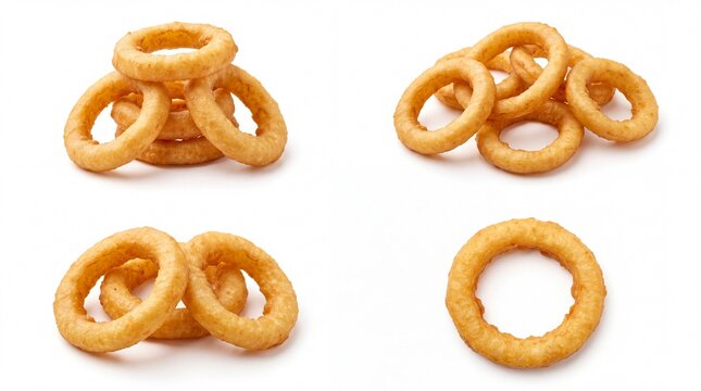 Fresh crispy onion rings in different piles and single piece