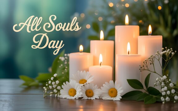 White candles and daisy flowers on a wooden table for all souls day remembrance event