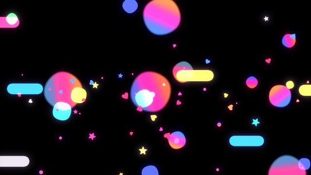 Abstract gradient circles and stars flying horizontally on a black background animation. (loop)