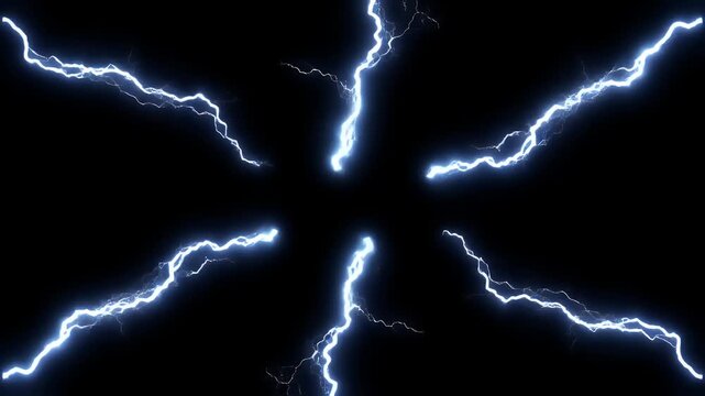 Bright blue lightning bolts strike across a black background.
